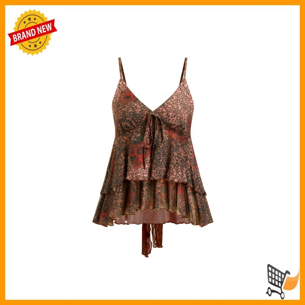 Mesh Babydoll Crop Top Boho Ruffle Asymmetrical Hem Spaghetti Strap Y2K